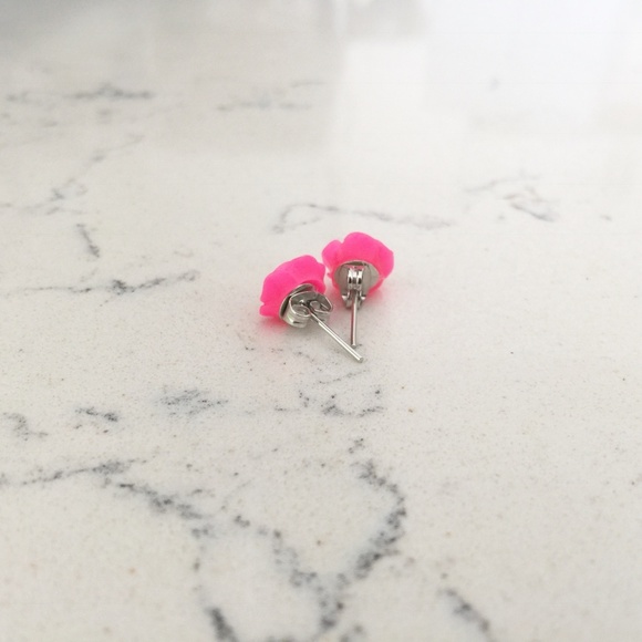 Neon Pink Rose Stud Earrings - Picture 2 of 2